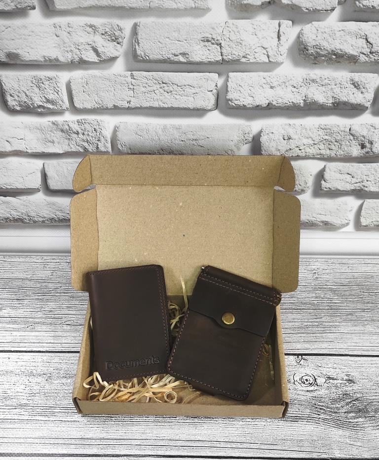 Подарунковий набір DNK Leather №10 (Затиск + обкладинка на права, ID паспорт) коричневий